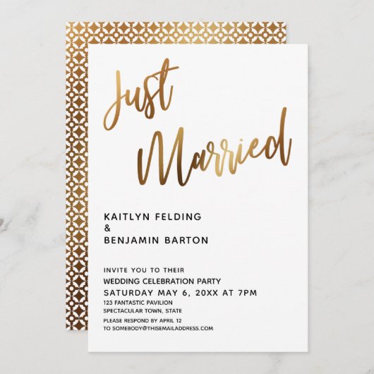 Gewoon gehuwde Typografie Gold Wedding Reception Kaart (Voorkant / Achterkant)