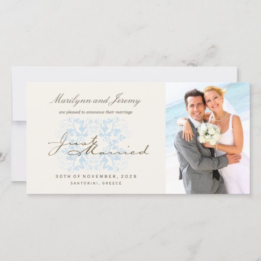 Gewoon gehuwde Vlourish Wedding Foto Aankondiging (Voorkant)