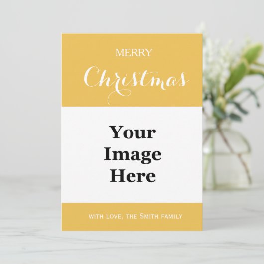 Gewoon gele familiefoto vrolijk kerstfeest feestdagenkaart (Staand voorkant)
