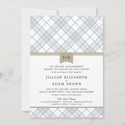 Gewoon gespeeld Blauw & Tan met Monogram bruiloft Kaart (Voorkant)