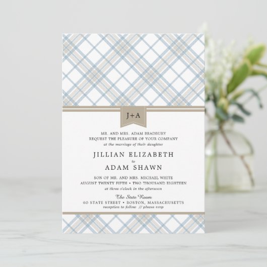 Gewoon gespeeld Blauw & Tan met Monogram bruiloft Kaart (Staand voorkant)