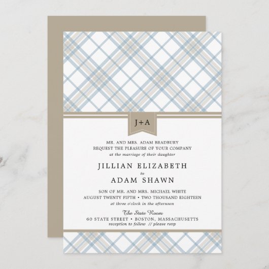 Gewoon gespeeld Blauw & Tan met Monogram bruiloft Kaart (Voorkant / Achterkant)