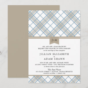 Gewoon gespeeld Blauw & Tan met Monogram bruiloft Kaart