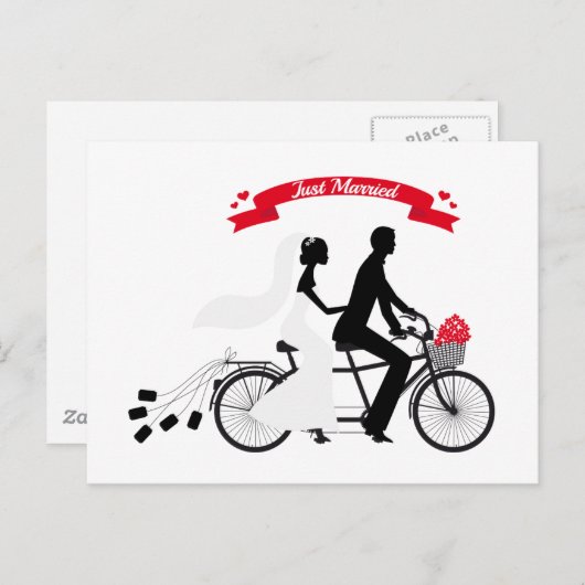 Gewoon getrouwd bruid en bruin op tandem fiets aankondigingskaart (Voorkant / Achterkant)