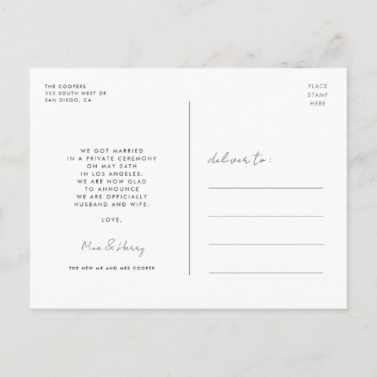 Gewoon getrouwd Elegant romantische trouwfoto Briefkaart (Achterkant)