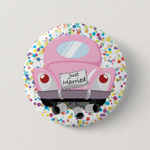 gewoon+getrouwd, getrouwd+auto,cartoon+huwelijk+au ronde button 5,7 cm