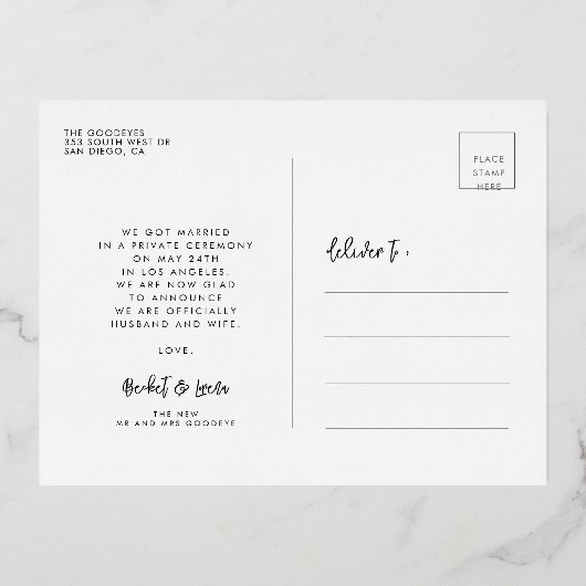 Gewoon getrouwd, hedendaagse foto zwart en goud folie uitnodiging briefkaart (Achterkant)