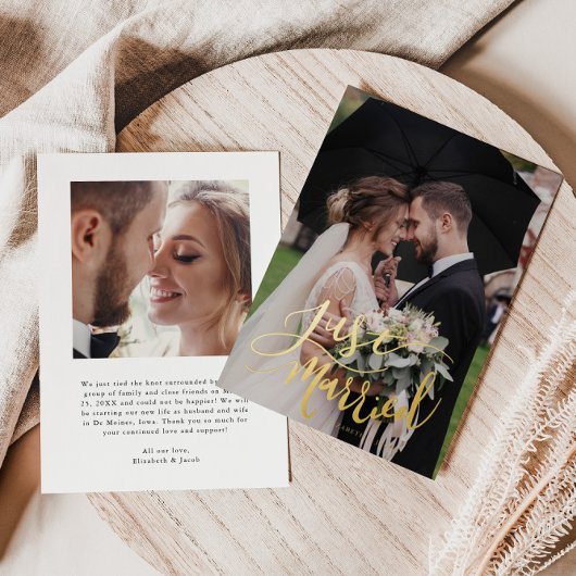 Gewoon getrouwd met hand geletterde bruiloft aanko folie uitnodiging