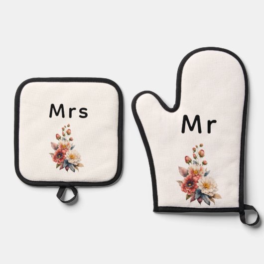 Gewoon getrouwd met Mr & Mrs | Bruiloft Bloemen Mo Ovenwant & Pannenlap Set (Voorkant)