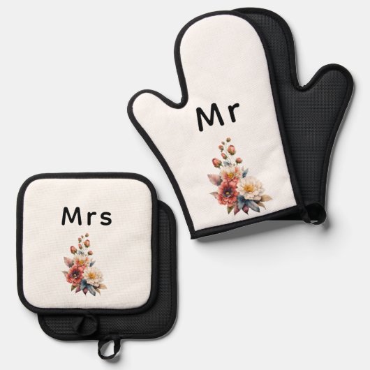 Gewoon getrouwd met Mr & Mrs | Bruiloft Bloemen Mo Ovenwant & Pannenlap Set (Voorkant / Achterkant)
