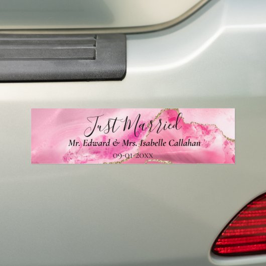 "Gewoon getrouwd" "Mr & Mrs" Pink Agaat Stone Bumpersticker (Op auto)