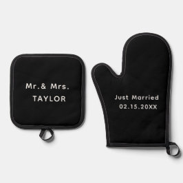 Gewoon getrouwd Mr. & Mrs. | Weddenschapsmonogram Ovenwant & Pannenlap Set