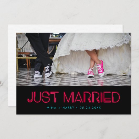 Gewoon getrouwd Retro 80s neonlantaarns bruiloft Aankondiging (Voorkant / Achterkant)