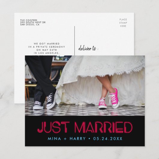 Gewoon getrouwd Retro 80s neonlantaarns bruiloft Briefkaart (Voorkant / Achterkant)