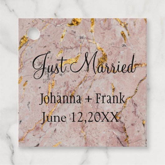 Gewoon getrouwd roze en goudmarmer bedankjes labels (Voorkant)