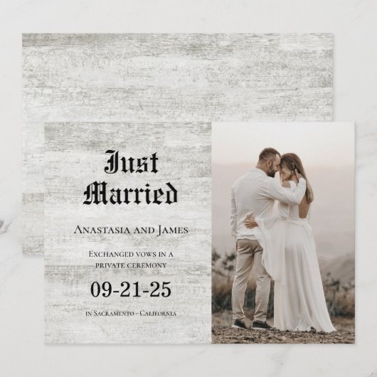 Gewoon getrouwd Rustic Bleaching Wood Foto Weduwsc Aankondiging (Voorkant / Achterkant)