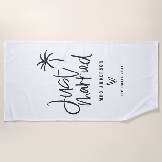 Gewoon getrouwd strand met palmbomen bruiloft strandlaken (Voorkant)