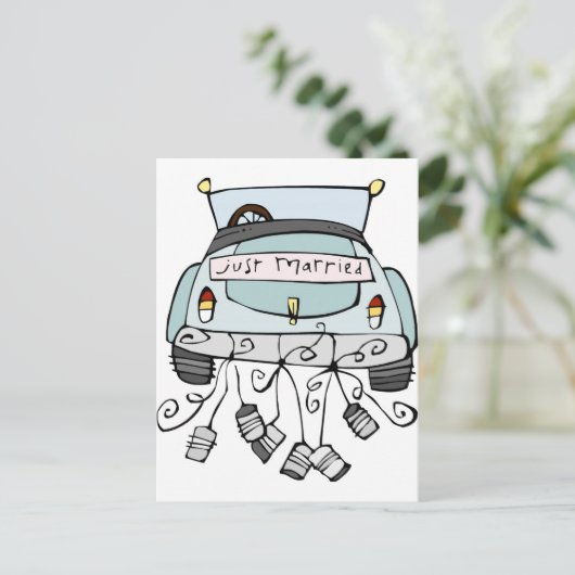 Gewoon getrouwde auto die blikjes sleept aankondigingskaart (Staand voorkant)