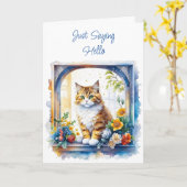 Gewoon Gezegde Hallo | Kat in venster met bloemen Kaart (Gele Bloem)