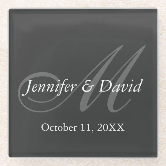 Gewoon grijs Monogram bruiloft bruid bruidegom nam Glazen Onderzetter (Voorkant)