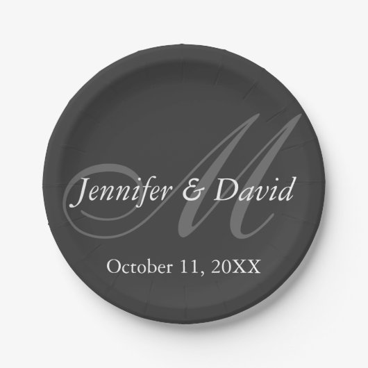 Gewoon grijs Monogram bruiloft bruid bruidegom nam Papieren Bordje (Voorkant)