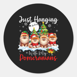 Gewoon hangen met mijn Pomeranians kerstman drie Ronde Sticker