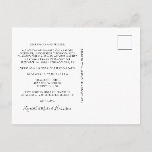 Gewoon huwelijksfeest aankondigingskaart (Achterkant)