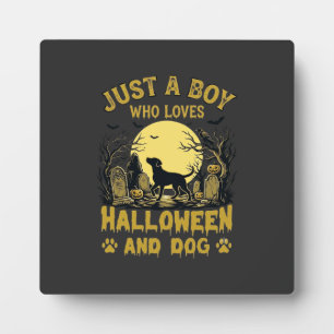 Gewoon Jongen Die Van Halloween Hond Volle Maan Ho Fotoplaat