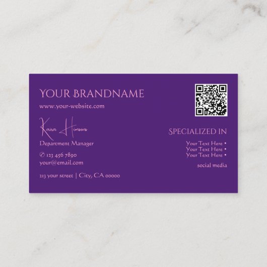Gewoon koninklijk Paars met monogram QRCode en juw Visitekaartje (Achterkant)