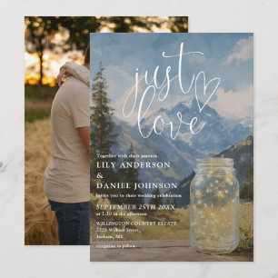 Gewoon Lief Rustieke Berg Mason Jar Foto Bruiloft Kaart