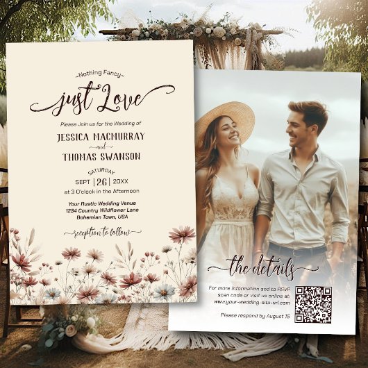 Gewoon Liefde! Boho Wilde Bloemen Foto QR Code Tro Kaart