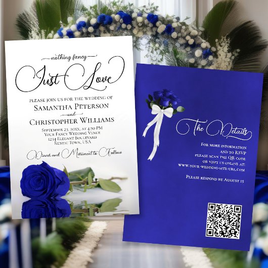 Gewoon Liefde Elegant Royal Blue Roos QR Code Brui Kaart