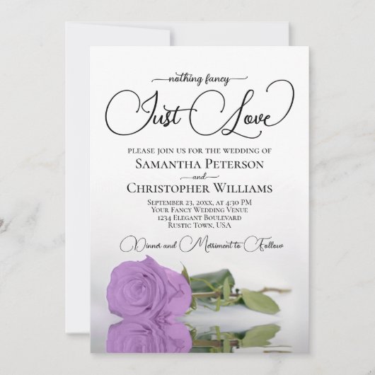 Gewoon liefde Lila Paarse Roos QR Code Bruiloft Kaart (Voorkant)