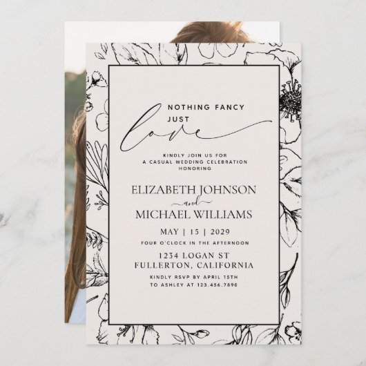 Gewoon Love Blush Black Botanical Photo Wedding Kaart (Voorkant / Achterkant)