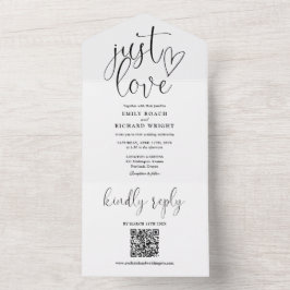 Gewoon Love Moderne QR-code Huwelijk Zwart en Wit All In One Uitnodiging