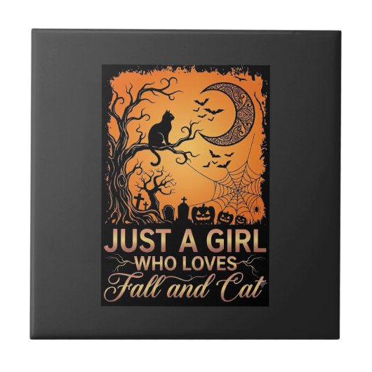Gewoon Meisje Dat Van Herfstkat Halloween Maan Hou Tegeltje (Voorkant)