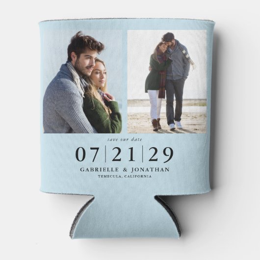 Gewoon minimale lichtblauwe 2 foto Bewaar de datum Blikjeskoeler (Voorkant)