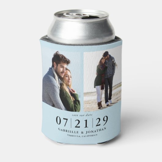 Gewoon minimale lichtblauwe 2 foto Bewaar de datum Blikjeskoeler (Blikje Achterkant)