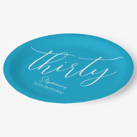 Gewoon modern script Aqua Blue 30e verjaardagsfees Papieren Bordje (Gekanteld)