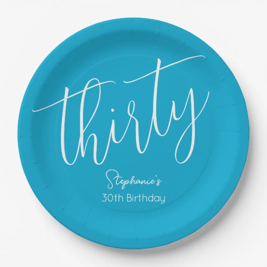 Gewoon modern script Aqua Blue 30e verjaardagsfees Papieren Bordje (Voorkant)