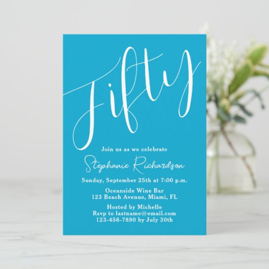 Gewoon modern script Aqua Blue 50e verjaardag Kaart (Staand voorkant)