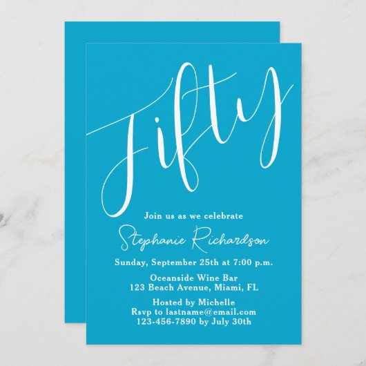 Gewoon modern script Aqua Blue 50e verjaardag Kaart (Voorkant / Achterkant)