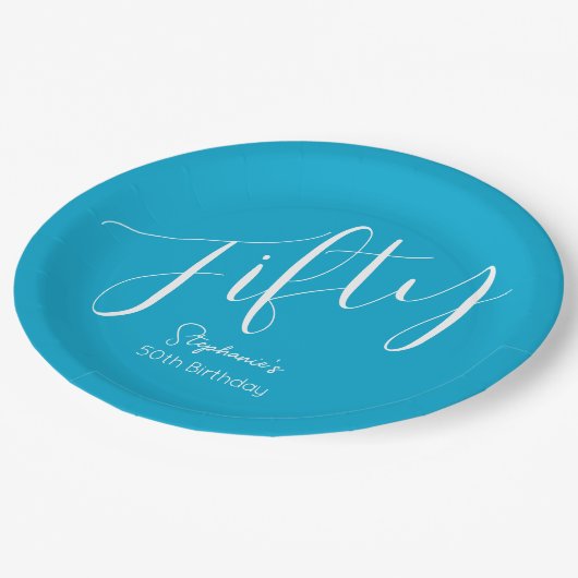 Gewoon modern script Aqua Blue 50e verjaardag Papieren Bordje (Gekanteld)