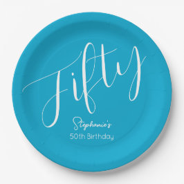 Gewoon modern script Aqua Blue 50e verjaardag Papieren Bordje