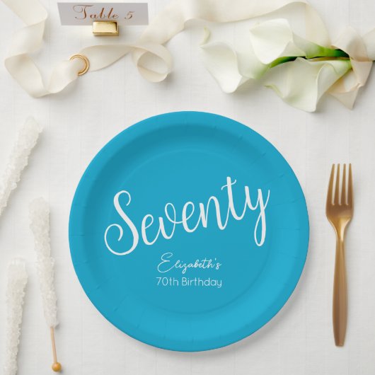 Gewoon modern script Aqua Blue 70e verjaardag Papieren Bordje (Huwelijk)