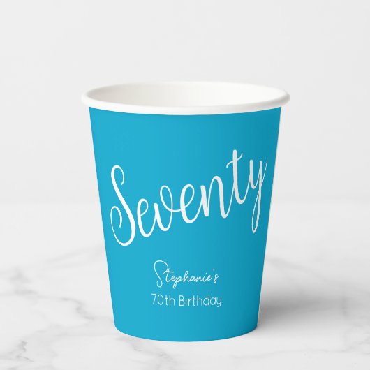 Gewoon modern script Aqua Blue 70e verjaardagsfees Papieren Bekers (Achterkant)