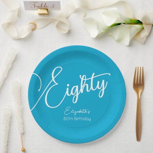 Gewoon modern script Aqua Blue 80e verjaardagsfees Papieren Bordje (Huwelijk)