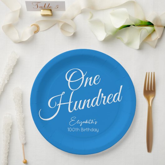 Gewoon modern script blauw 100ste verjaardagsfeest papieren bordje (Huwelijk)
