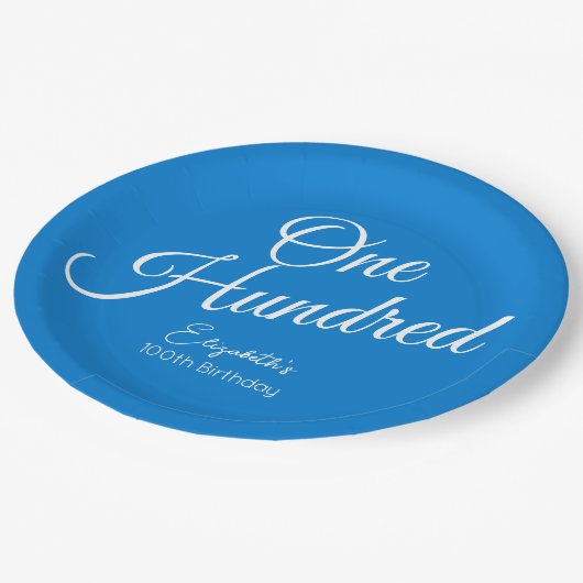 Gewoon modern script blauw 100ste verjaardagsfeest papieren bordje (Gekanteld)