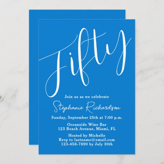 Gewoon modern script Blauw 50ste verjaardag Kaart (Voorkant / Achterkant)